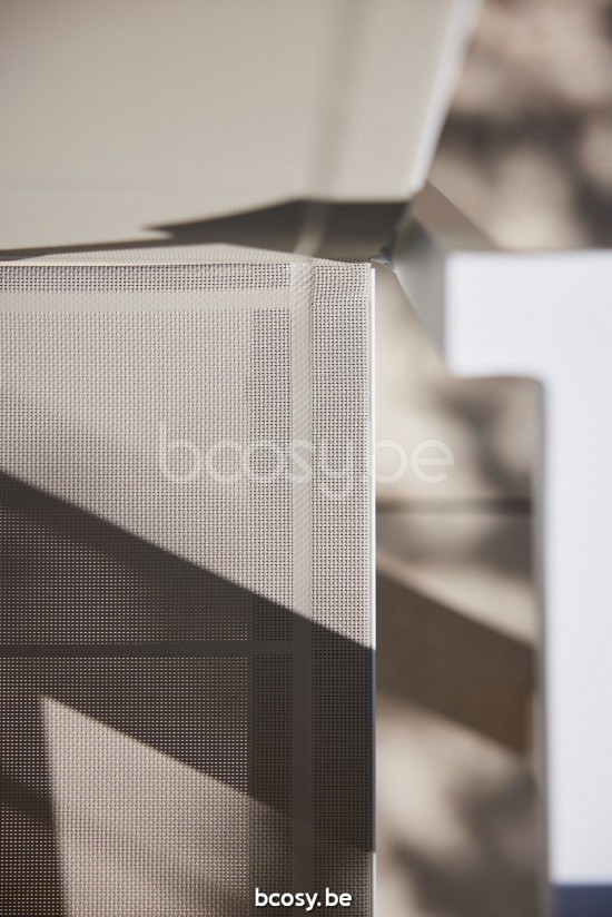 Diphano Selecta garden outdoor dining armchairs with teak arms PCA White single layer Batyline Sand Armrests in Natural Teak.