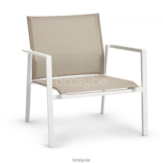 Diphano Selecta Stackable lounge chair Aluminium White Frame single layer Batyline Sand Fabric.