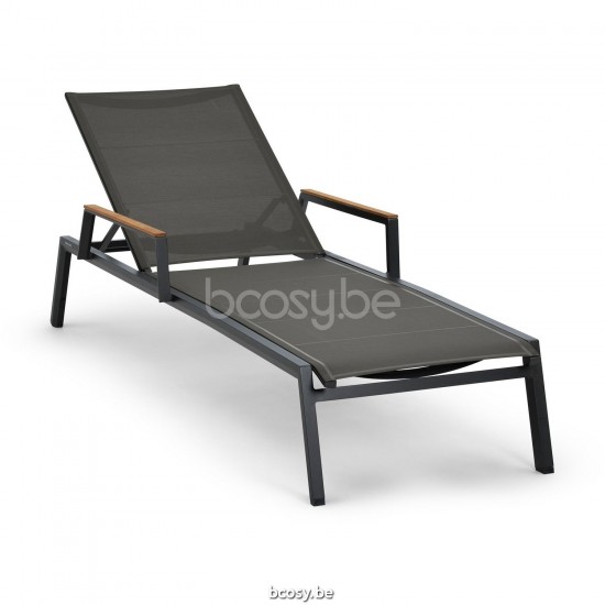 Diphano Selecta Stackable Sunlounger with wheels with teak arms Aluminium Lava Frame single layer Batyline Cafe Fabric Armres.