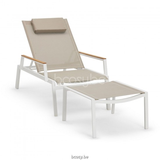 Diphano Selecta Chaise de plage empilable avec roues avec accoudoir en teck Cadre Aluminium blanc Tissu Couche unique de Baty.