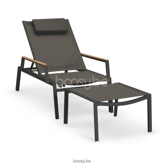 Diphano Selecta Chaise de plage empilable avec roues avec accoudoir en teck Cadre Aluminium Lava Tissu Couche unique Batyline.