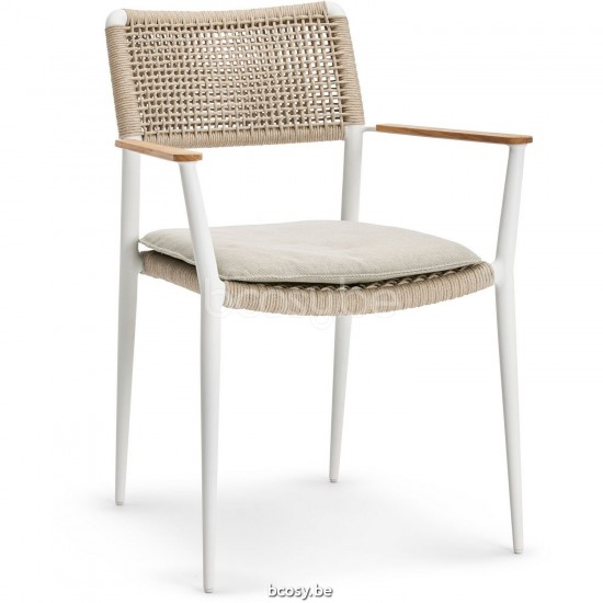 Diphano Ray Stapelbarer Gartenstuhl mit Teakholzarmlehne Aluminium Weiß Gestell Seil Mineral 5 mm.