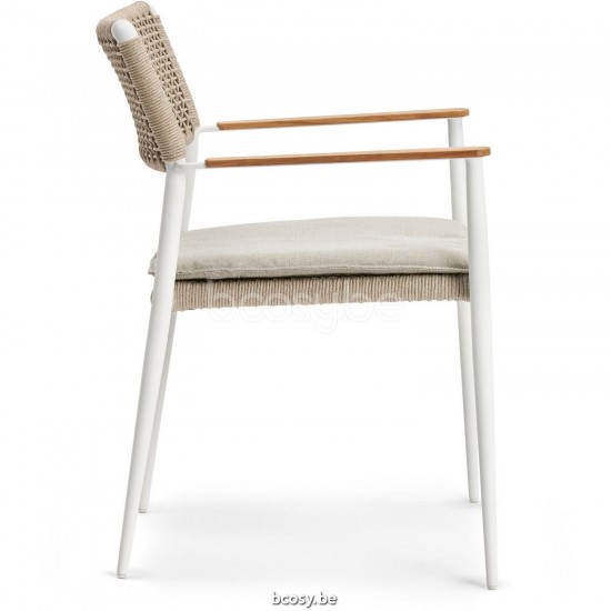 Diphano Ray Stackable dining armchair with teak arms Aluminium White Frame Rope Mineral 5mm.