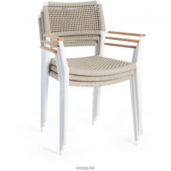 Diphano Ray Stapelbarer Gartenstuhl mit Teakholzarmlehne Aluminium Weiß Gestell Seil Mineral 5 mm.