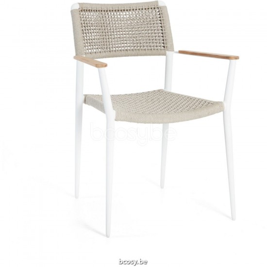Diphano Ray Stackable dining armchair with teak arms Aluminium White Frame Rope Mineral 5mm.