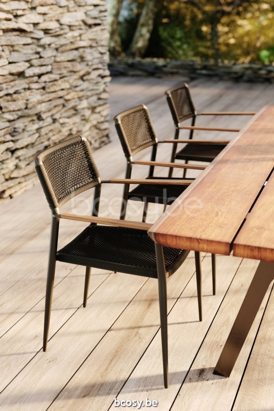 Diphano Ray garden outdoor dining armchairs with teak arms PCA Lava Rope Graphite 5mm.