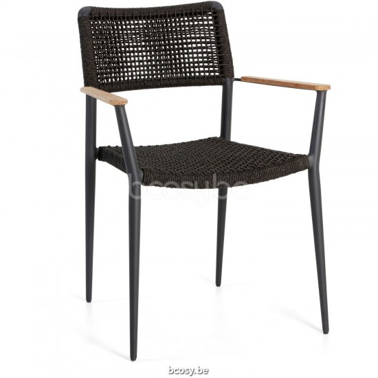 Diphano Ray Stackable dining armchair with teak arms Aluminium Lava Frame Rope Graphite 5mm.