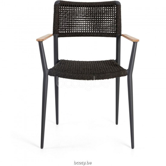 Diphano Ray Stapelbare tuinstoel met teak armsteun Aluminium Lava Frame touw Grafiet 5mm.