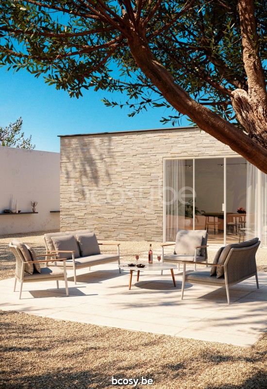 Diphano Ray Stackable lounge chair Optional cushion set Aluminium White Frame Rope Mineral 5mm.