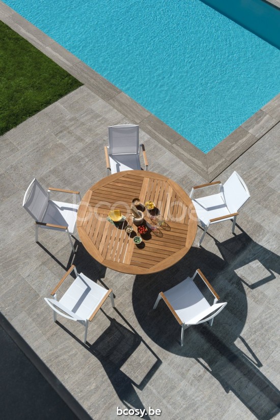 Diphano Alexa round dining table 148xR Aluminium White Frame Top Natural Teak.