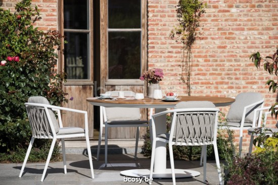 Diphano Alexa table de jardin ronde 148xR Cadre Aluminium blanc Dessus Teck naturel.