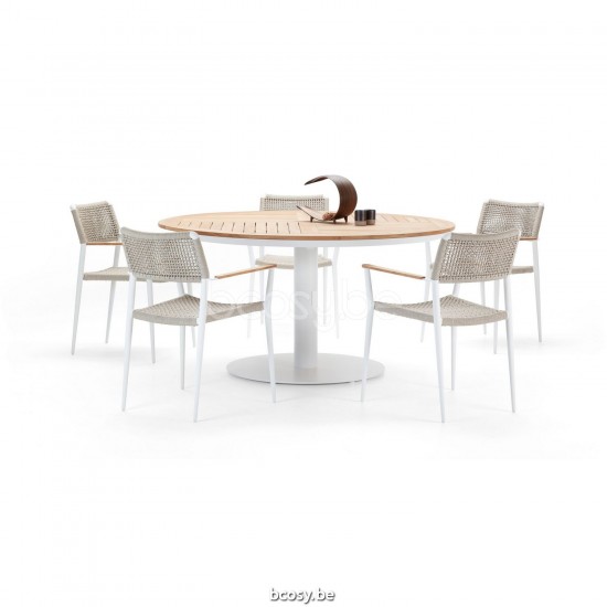 Diphano Alexa ronde tuintafel 148xR Aluminium Wit Frame Tafelblad Naturel Teak.