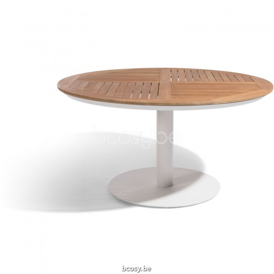 Diphano Alexa round dining table 148xR Aluminium White Frame Top Natural Teak.