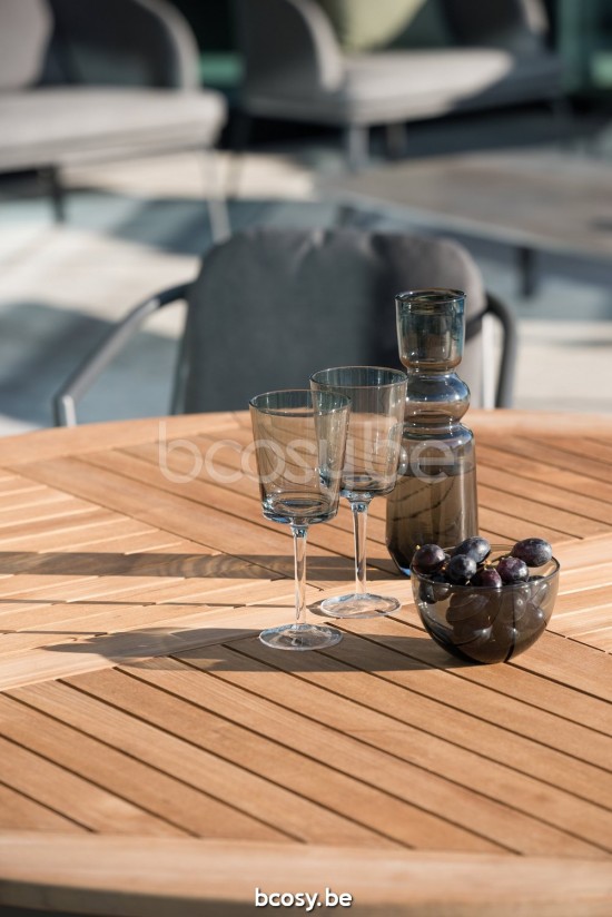 Diphano Alexa runder Gartentisch 148xR Aluminium Lava Gestell Tischplatte Natürliches Teakholz.