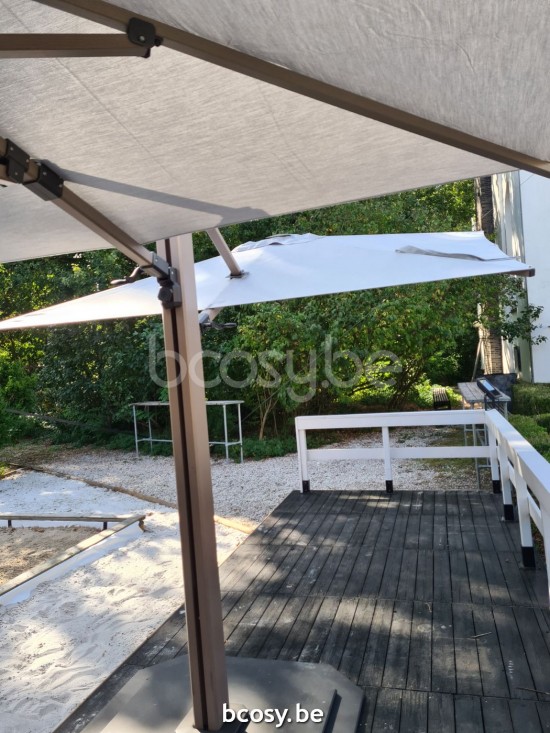 Jardinico JCP601 2x300x300 Double Square Dual Sidepost Pole Cappuccino Canopy Pearl Sunbrella Plus Marine.