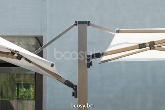 Jardinico JCP601 2x300x300 Doppelter Quadratischer Dual Zentralmastsonnenschirm Strukturiertes Teakholz Aluminium Mast Stoff Pearl Sunbrella Plus Marine.