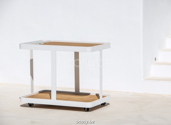 Jati Kebon Baguta Trolley Weißes mattes Aluminium Tischplatte Teakholz.
