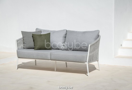 Jati Kebon Fortuna Rope Sofa 2,5-zits Sunbrella natte grey chine nat 10022 quick dry foam Wit mat aluminium Koord Lichtgrijs .