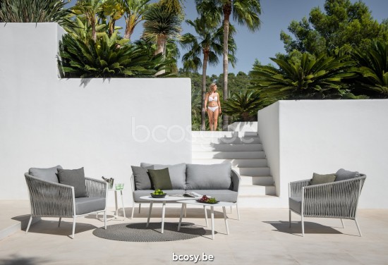 Jati Kebon Fortuna Rope Sofa 2,5-sitzig Sunbrella natte grey chine nat 10022 quick dry foam Weißes mattes Aluminium Schnur He.