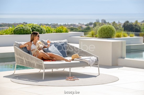 Jati Kebon Fortuna Rope Tweepersoons tuinbed Sunbrella natte grey chine nat 10022 quick dry foam Wit mat aluminium Koord Lich.