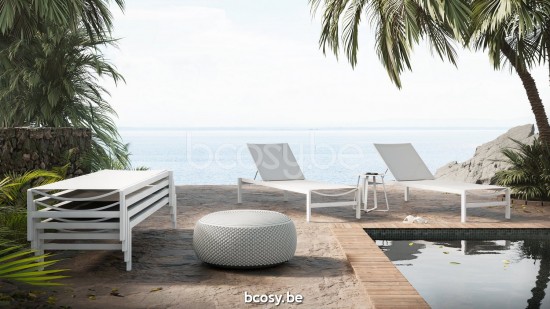 Jati&Kebon Sylt ligbedden zonnebedden sunloungers in aluminium en textileen met onzichtbare wielen Wit mat aluminium.