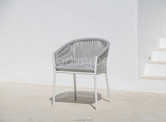 Jati Kebon Fortuna Rope Tuinstoel met armleuningen Sunbrella natte grey chine nat 10022 quick dry foam Wit mat aluminium Koor.