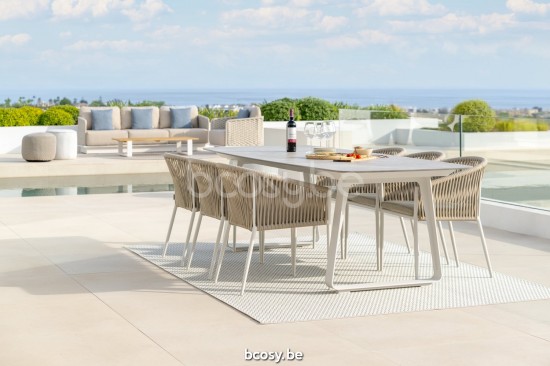 Jati&Kebon Fortuna Rope Tuinarmstoelen Wit mat aluminium Lichtgrijs melange.