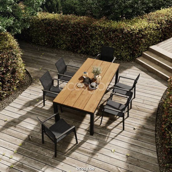 Jati Kebon Danli Tuintafel Zwart mat aluminium Tafelblad Teak.