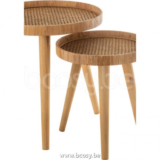 J Line Jline Set Van 2 Bijzettafels Rond Tripod Rotan Naturel