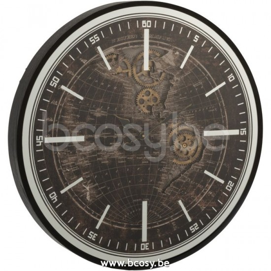 J Line Klok Wereldkaart Mdf Antiiek Goud Zwart Large L80xB8xH80 klokken wandklokken muurklokken JO12101.