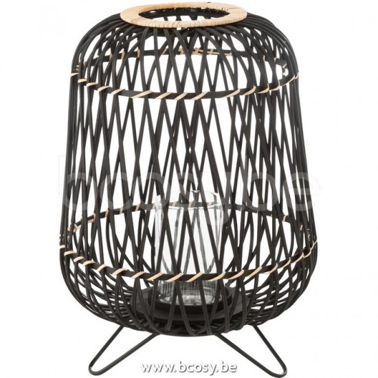 J Line 12183 Lantaarn Op Voet Bamboe Zwart Naturel Medium L36xB36xH49 windlichten lantaarns