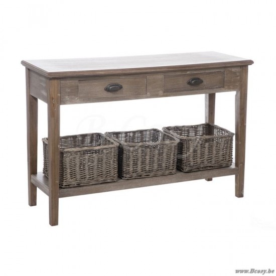 J Line 13428 Landelijke Console met 2 laden en 3 rieten manden j line grey wash 120 consoles wandtafels