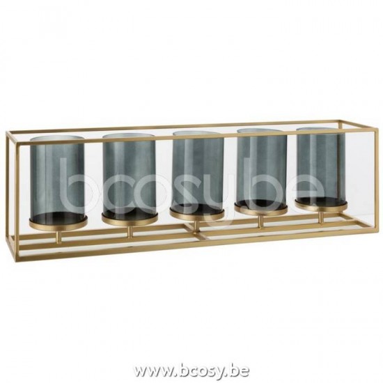 J Line 15192 Windlicht 5 Delig Rechthoek Laag Metaal Glas Goud L70xB15xH20 cm windlichten