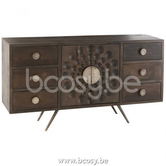 J Line 15734 Kast Laag Etnisch 2Deuren 6Laden Mango Hout Bruin L150xB41xH82 cm buffetten dressoirs dressoirkasten buffetkasten commodes commodekasten