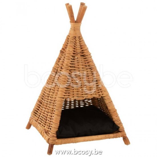 J Line 15781 Kattentent Kussen Rotan Honing Geel Zwart L45xB45xH72 cm hondemanden korf korven hondenmanden