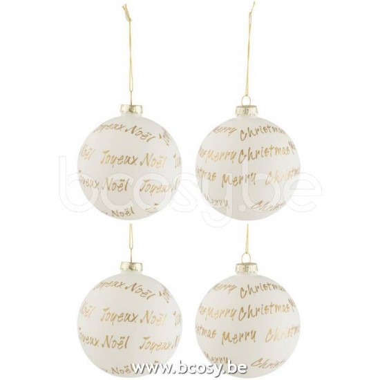 J Line 17400 Doos Van 4 Kerstballen Xmas Noel Glas Wit Goud Medium L10xB10xH10 cm kerstballen kerstbollen