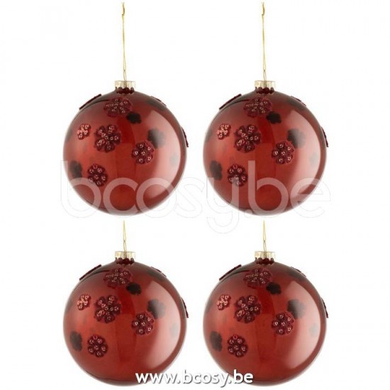 J Line 17413 Doos Van 4 Kerstballen Bloemen Glas Burgundy Large L12xB12xH12 cm kerstballen kerstbollen