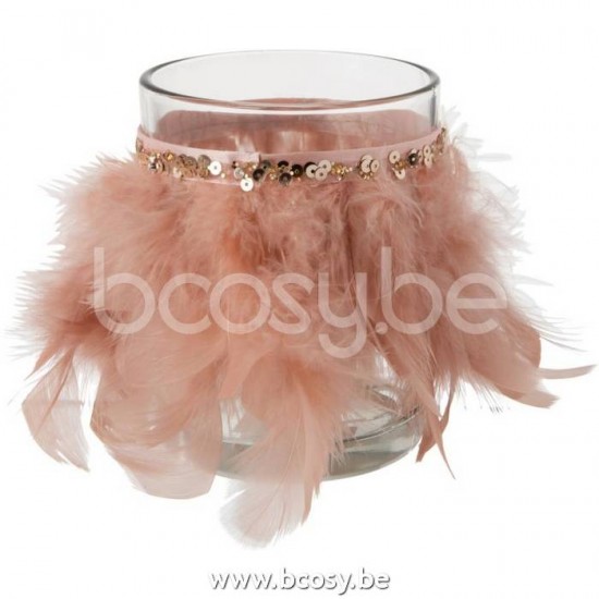 J Line 17569 T Lichthouder Veren Licht Roze Glas Transparant Large L11xB11xH13 cm T theelichten theelichthouders
