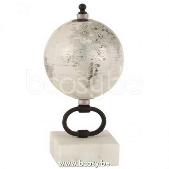J Line 17605 Wereldbol Op Voet Marmer Metaal Wit Zilver Zwart Small L10xB10xH20 cm wereldbollen