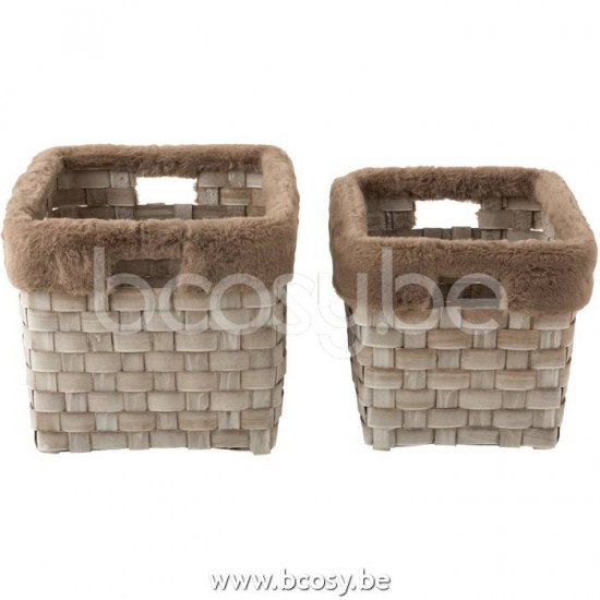 paniers de rangement Jolipa J Line Jline Set De 2 Panier Rectangulaire Imitation Fourrure Rotin Plat Marron