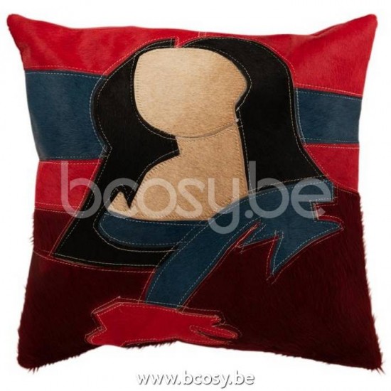 J Line 18261 Kussen Vrouw Leder Zwart Rood Beige L45xB45xH4 cm sierkussens sierkussentjes