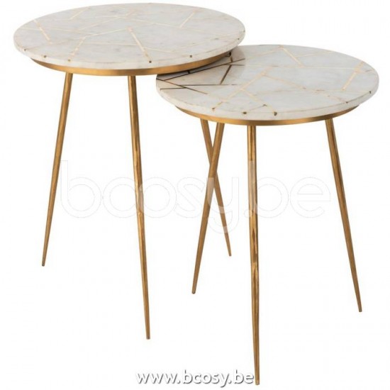J Line 18449 Set Van Twee Bijzettafel Marmer Ijzer Goud Wit L46xB46xH56 cm salontafels bijzettafels koffietafels