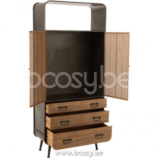 Jline Armario Alto 3 Cajones Metal Madera Negro Natural