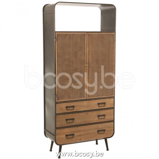 J Line 19487 Kast Hoog 3 Lades Metaal Hout Zwart Naturel L80xB36xH179 cm buffetkasten uitstalkasten vitrines