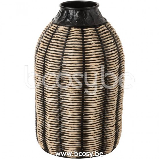 J Line 20399 Vaas Decoratie Touw Rattan Zwart Naturel L34xB34xH56 cm bloemvaas bloemenvaas siervaas bloemvazen bloemenvazen siervazen