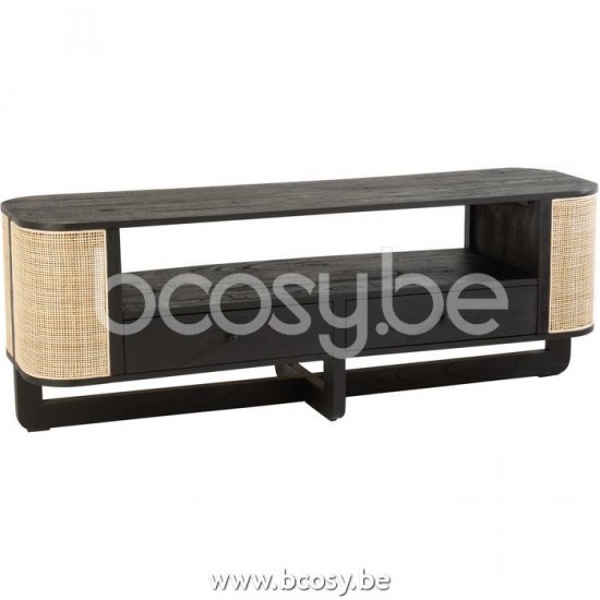 J Line 20623 Tv Meubel Molly Exotiek Hout Rotan Zwart L140xB40xH50 cm televisiekasten televisiemeubels tv kasten meubels meubelen