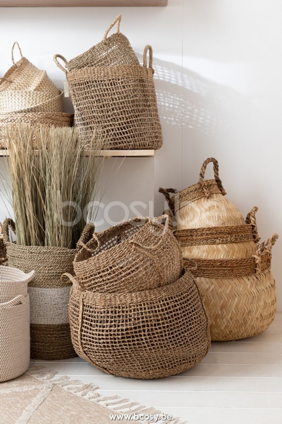 Jline Set Of 3 Baskets Handle Ball Bamboo Rope Natural Small