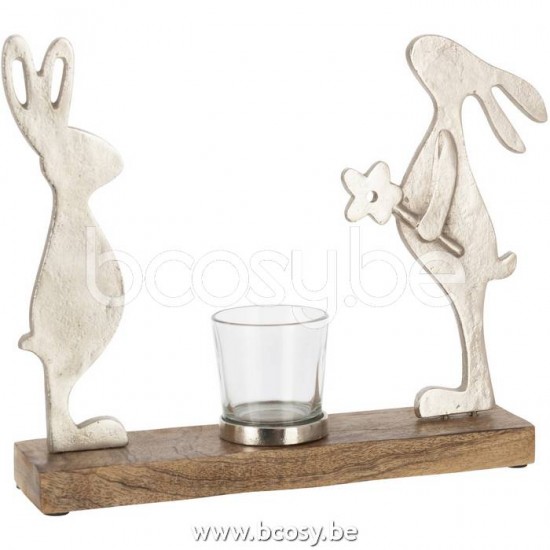 J Line 20941 Thee Licht Houder Konijnen Mango Hout Ijzer Zilver Naturel L30xB3xH23 cm dieren