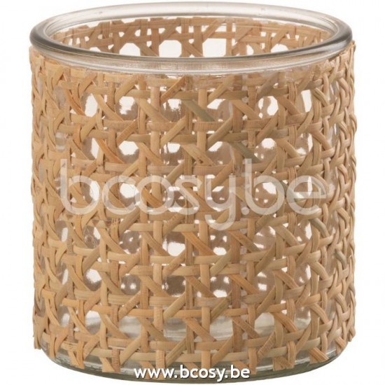 J Line 21051 Theelichthouder Rotan Glas Transparent Small L10xB10xH10 cm T theelichten theelichthouders