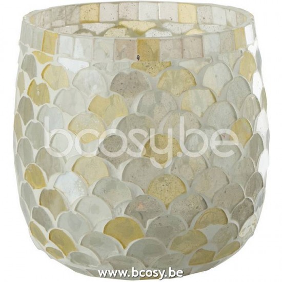 J Line 21405 Windlicht Mozaiek Glas Wit Lichtgeel Medium L12xB12xH12 cm T theelichten theelichthouders